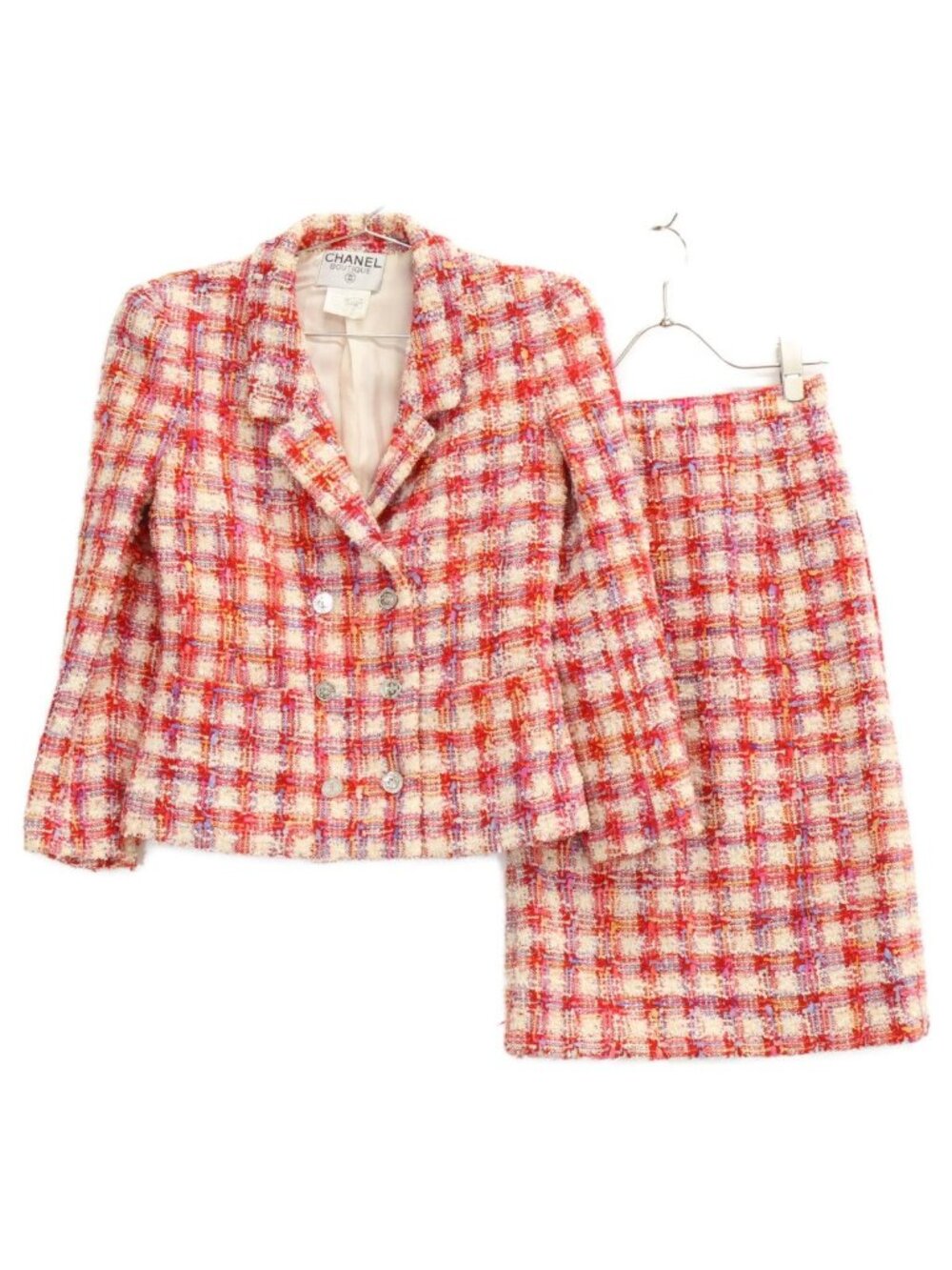 Chanel Check CC Logo Button Tweed Double Jacket Skirt Set 38